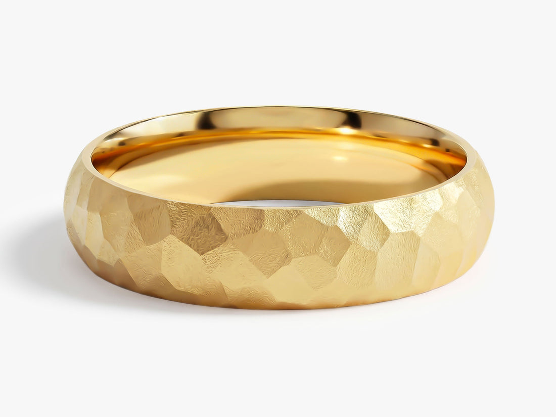 5mm hammered dome wedding band in yellow gold, front view