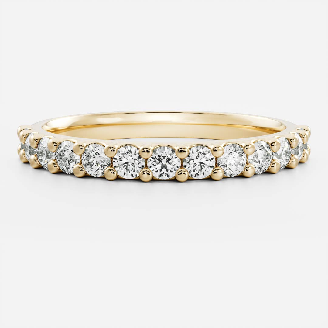 Round lab grown diamond half eternity wedding band in yellow gold, front view
