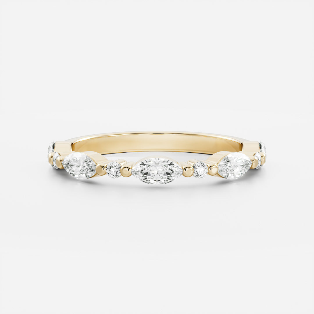 Marquise and round lab grown diamond half eternity wedding band in yellow gold, front view