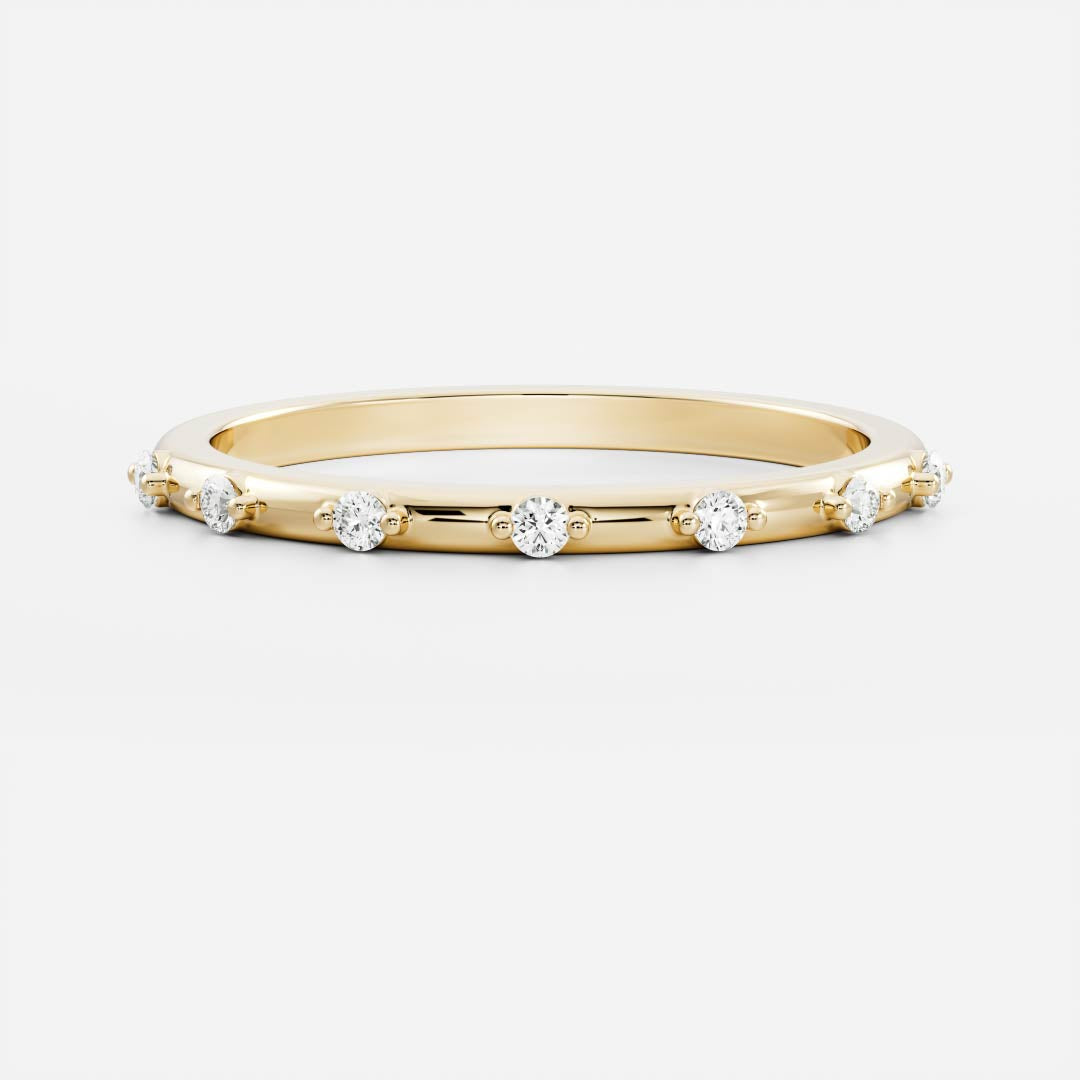 Round lab grown diamond dainty wedding band in yellow gold