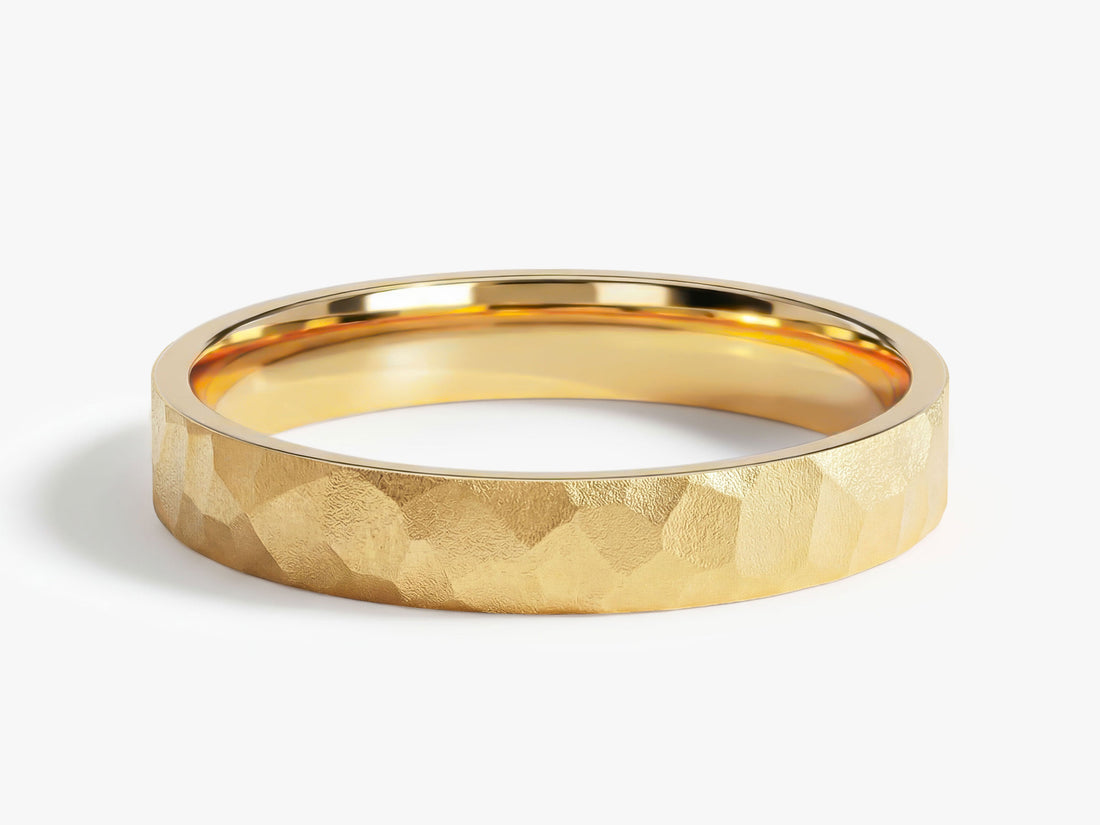 3mm hammered flat wedding band in yellow gold, front view