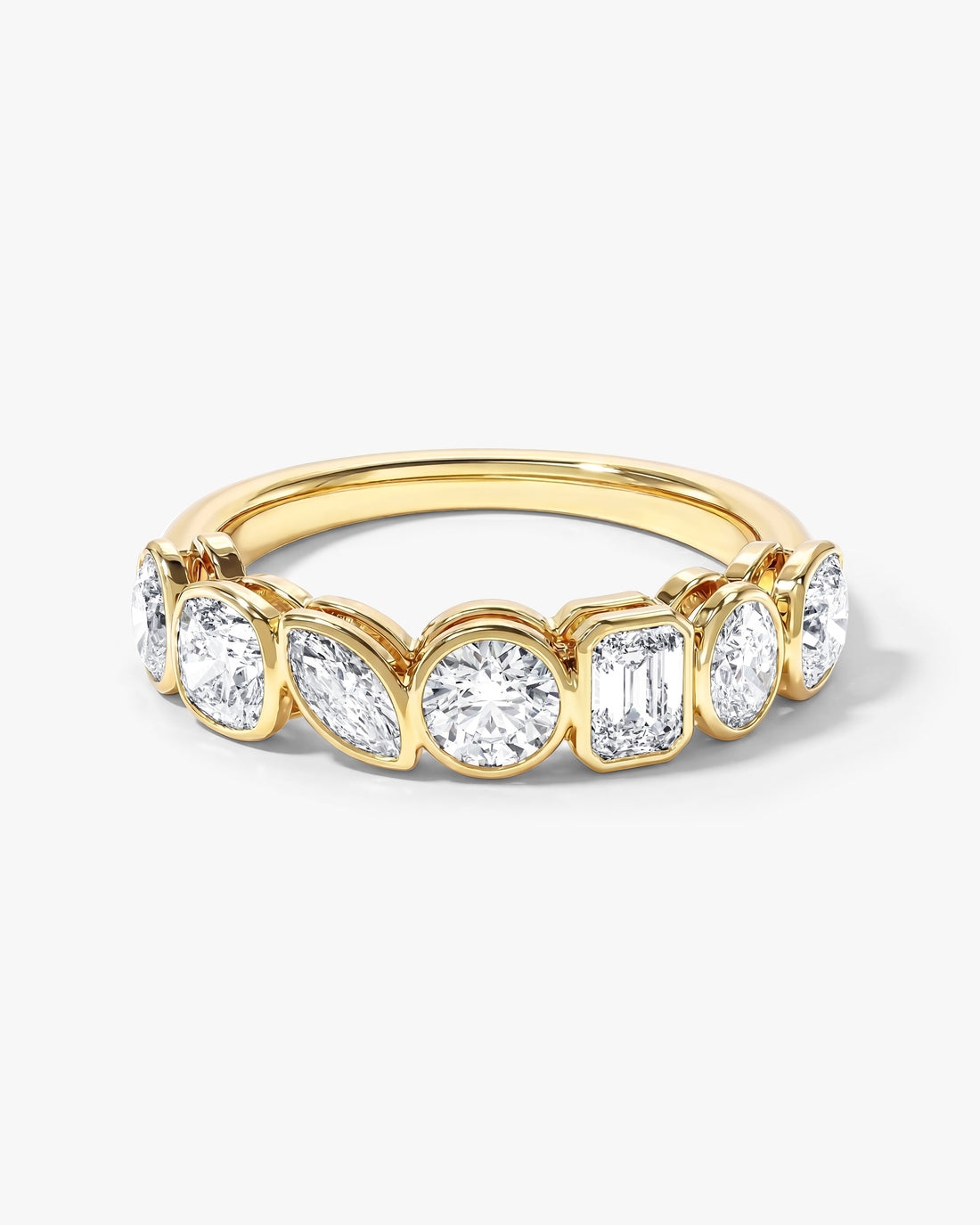 Mosaic bezel wedding band with mixed shape moissanite in yellow gold, front view