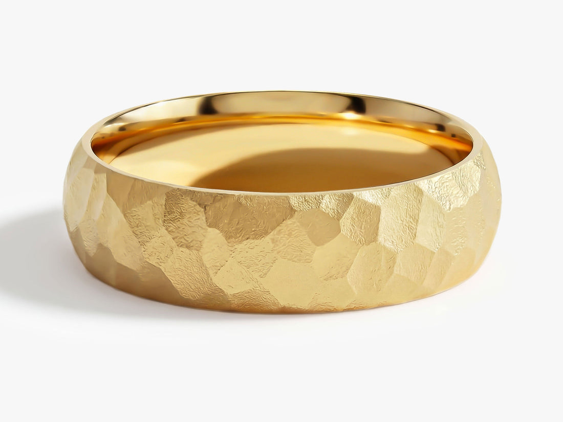 6mm hammered dome wedding band in yellow gold, front view