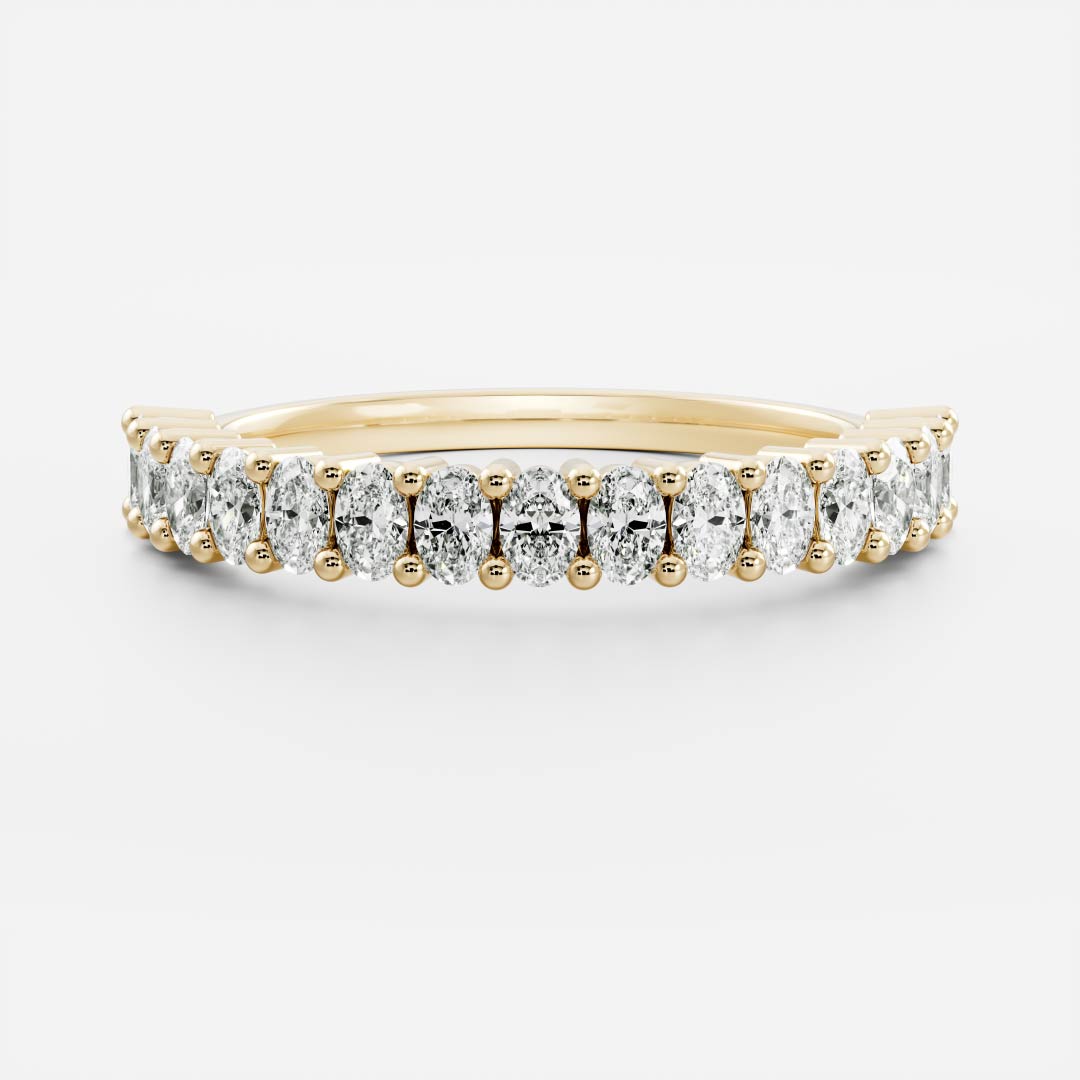 Oval lab grown diamond half eternity wedding band in yellow gold, front view