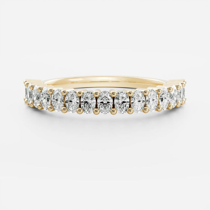 Oval moissanite half eternity wedding band in yellow gold, front view