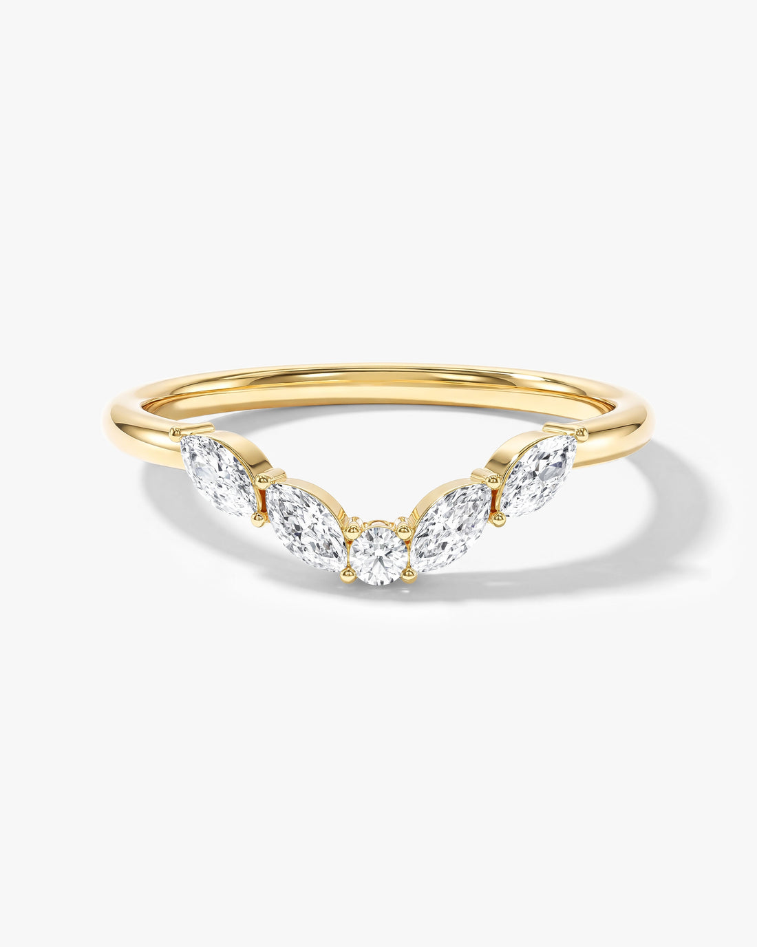 Horizon curved nesting wedding band with marquise and round moissanite in yellow gold, front view