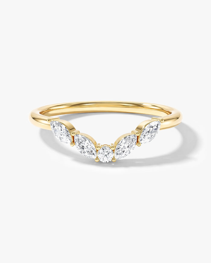 Horizon curved nesting wedding band with marquise and round moissanite in yellow gold, front view