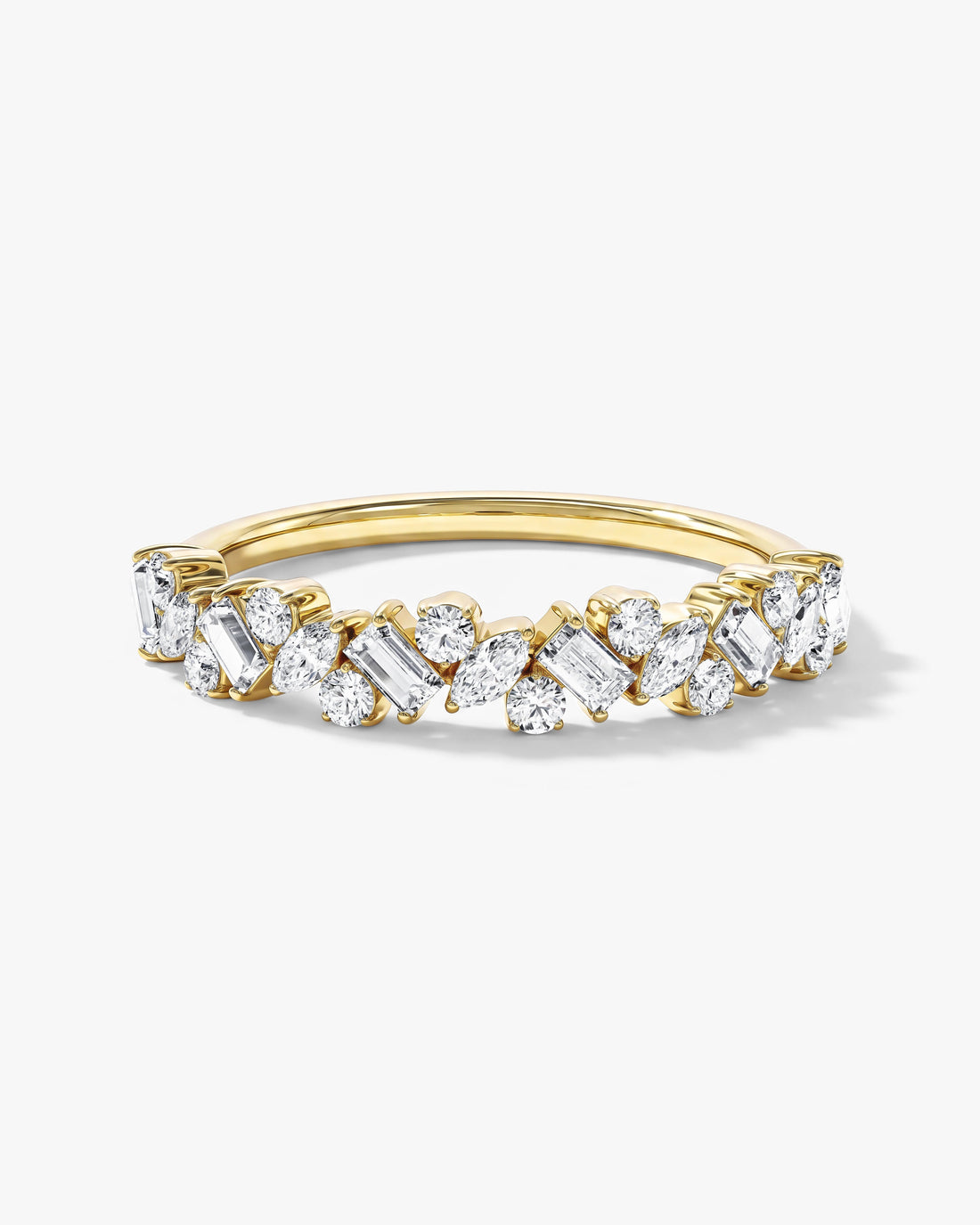 Multi-cut moissanite cluster wedding band in yellow gold
