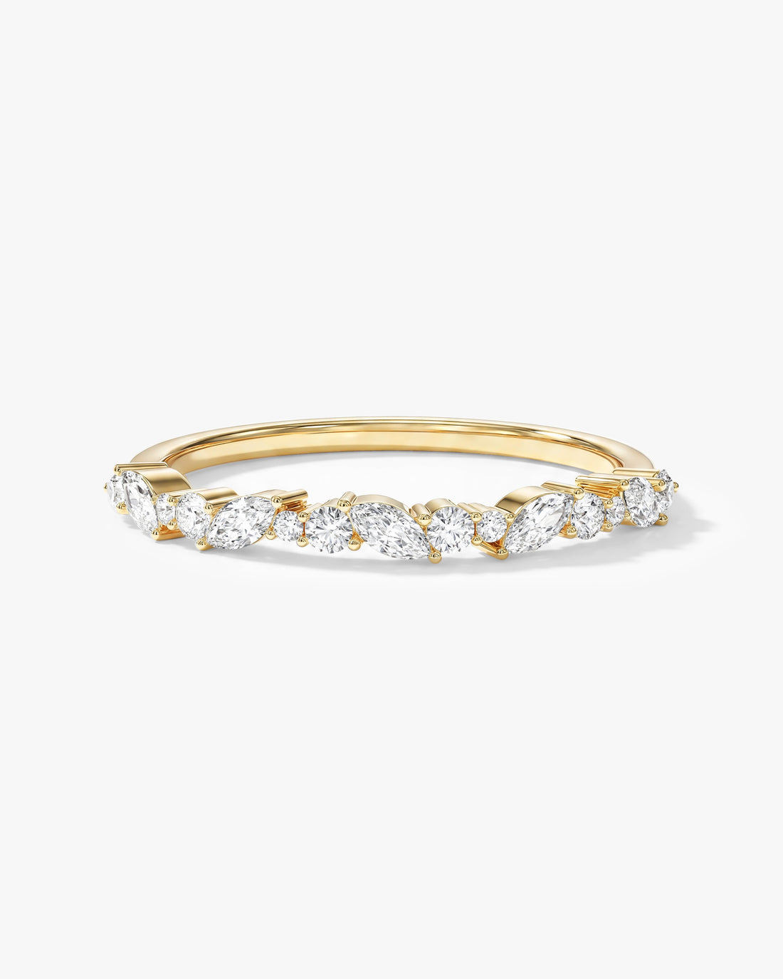 Marquise and round moissanite half eternity wedding band in yellow gold