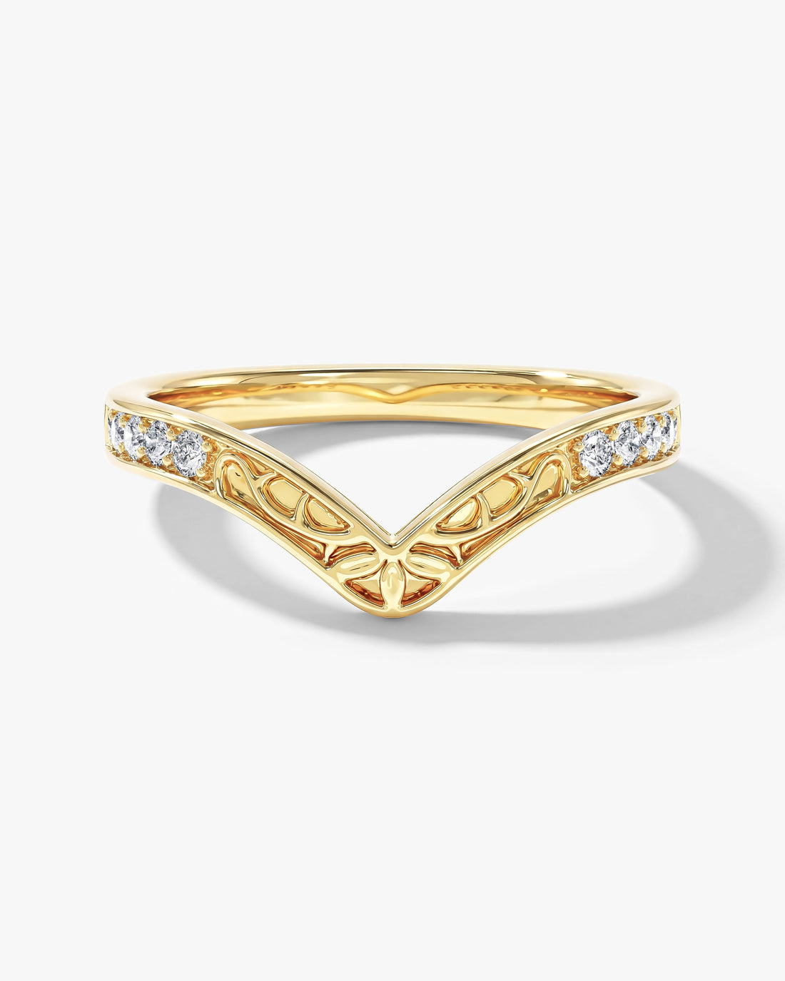 Filigree vintage curved nesting wedding band with round moissanite in yellow gold, front view