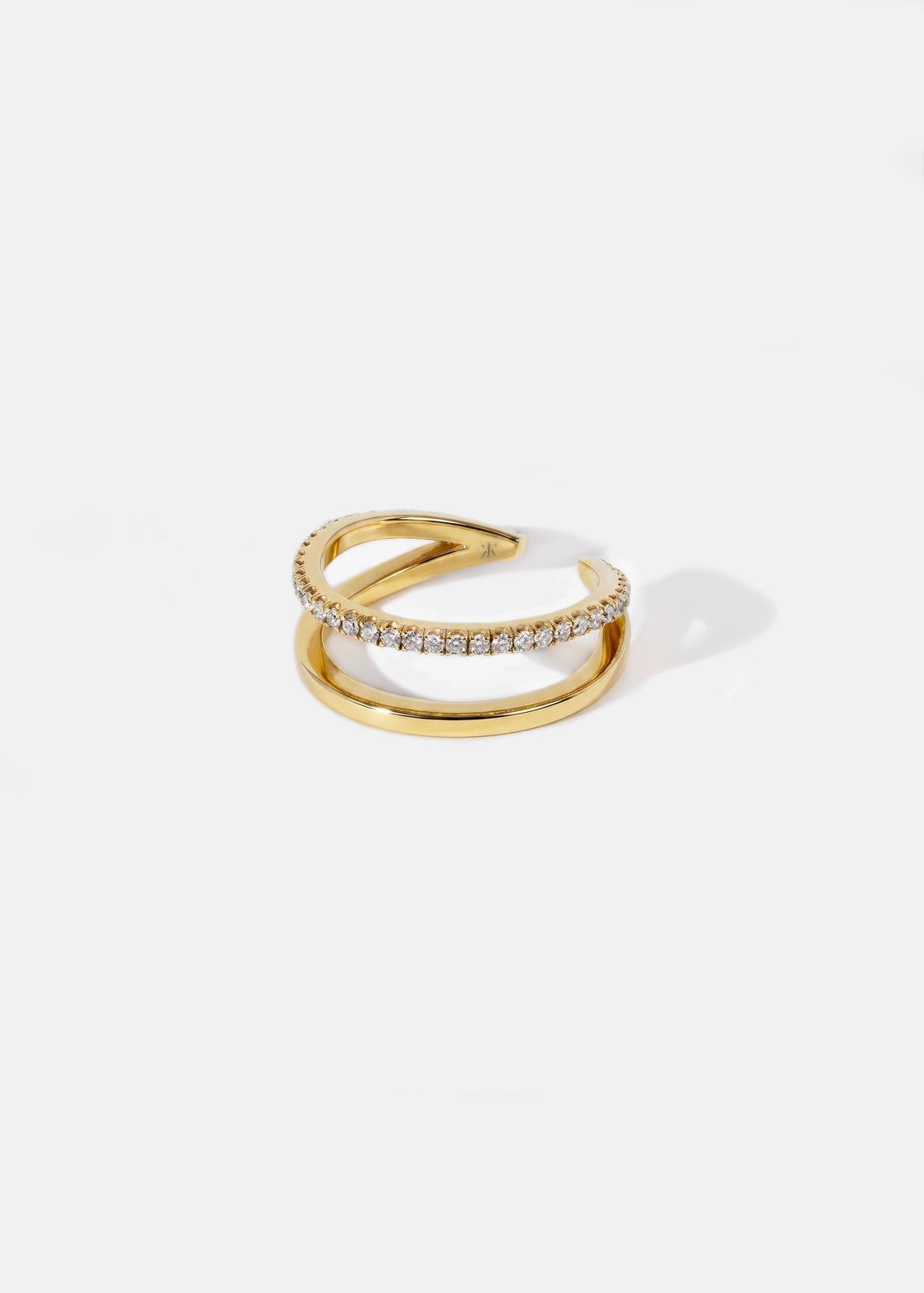 Round lab grown diamond double shank wedding band in yellow gold