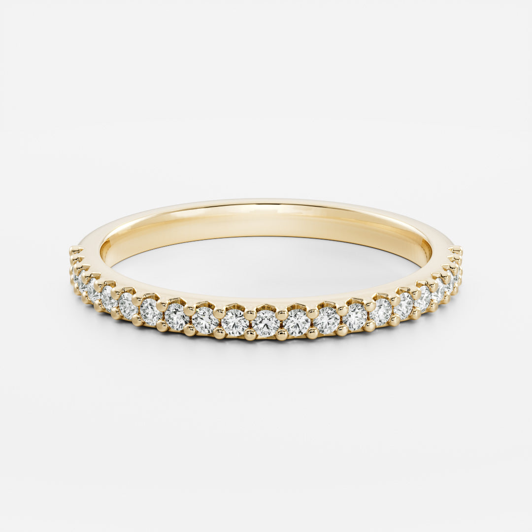 Round lab grown diamond shared prong half eternity wedding band in yellow gold, front view