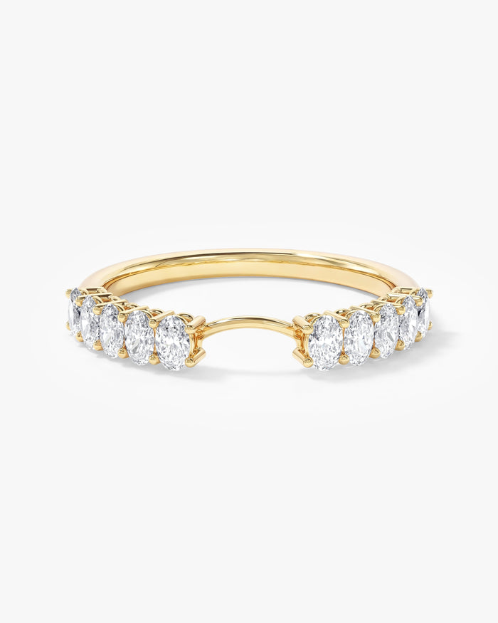 Oval moissanite Aura nesting curved wedding band in yellow gold