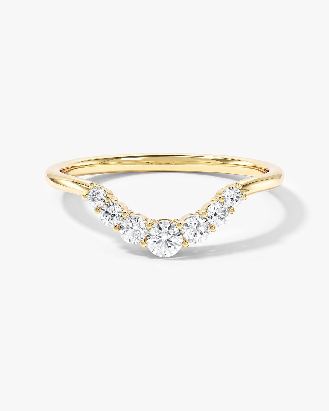 Celestial curved nesting wedding band with graduated round moissanite in yellow gold, front view