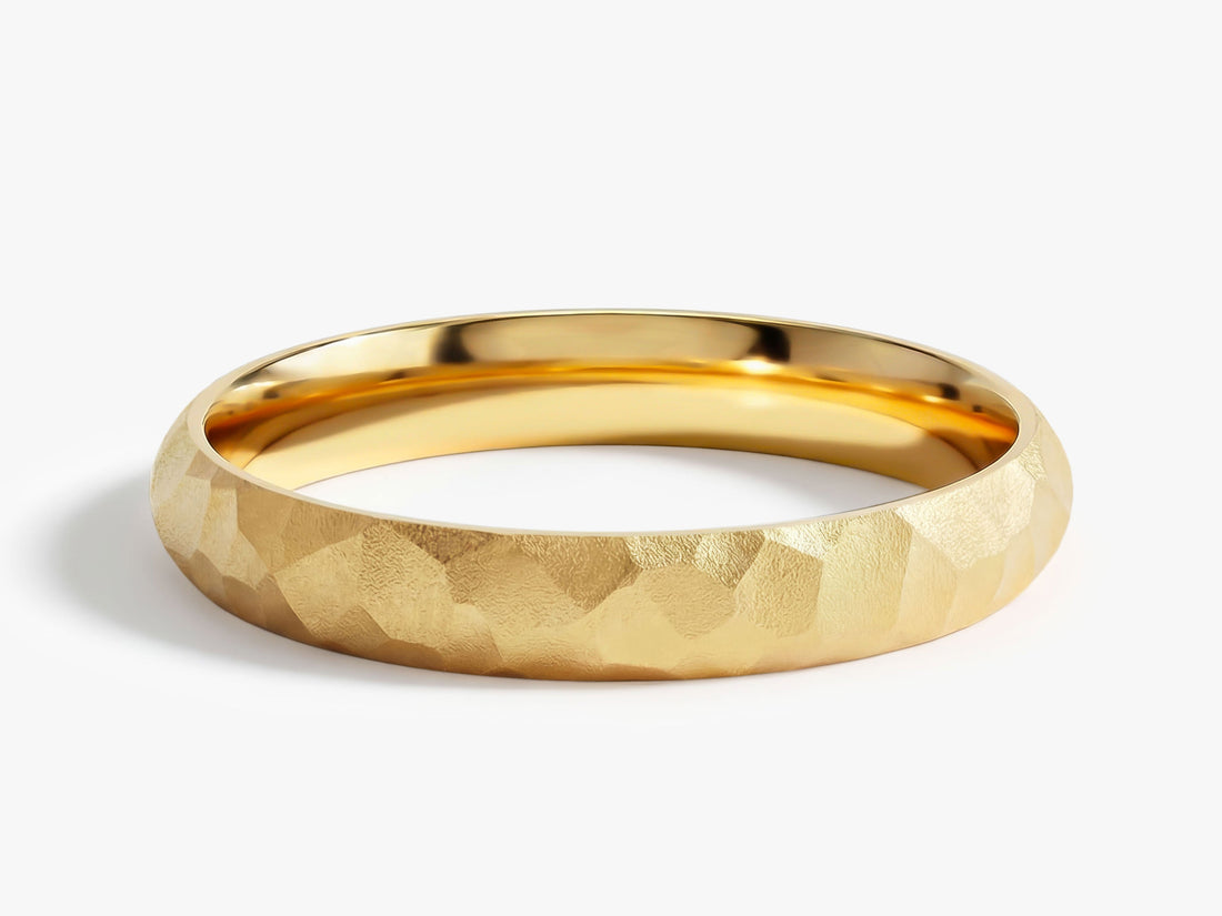 3mm hammered dome wedding band in yellow gold, front view