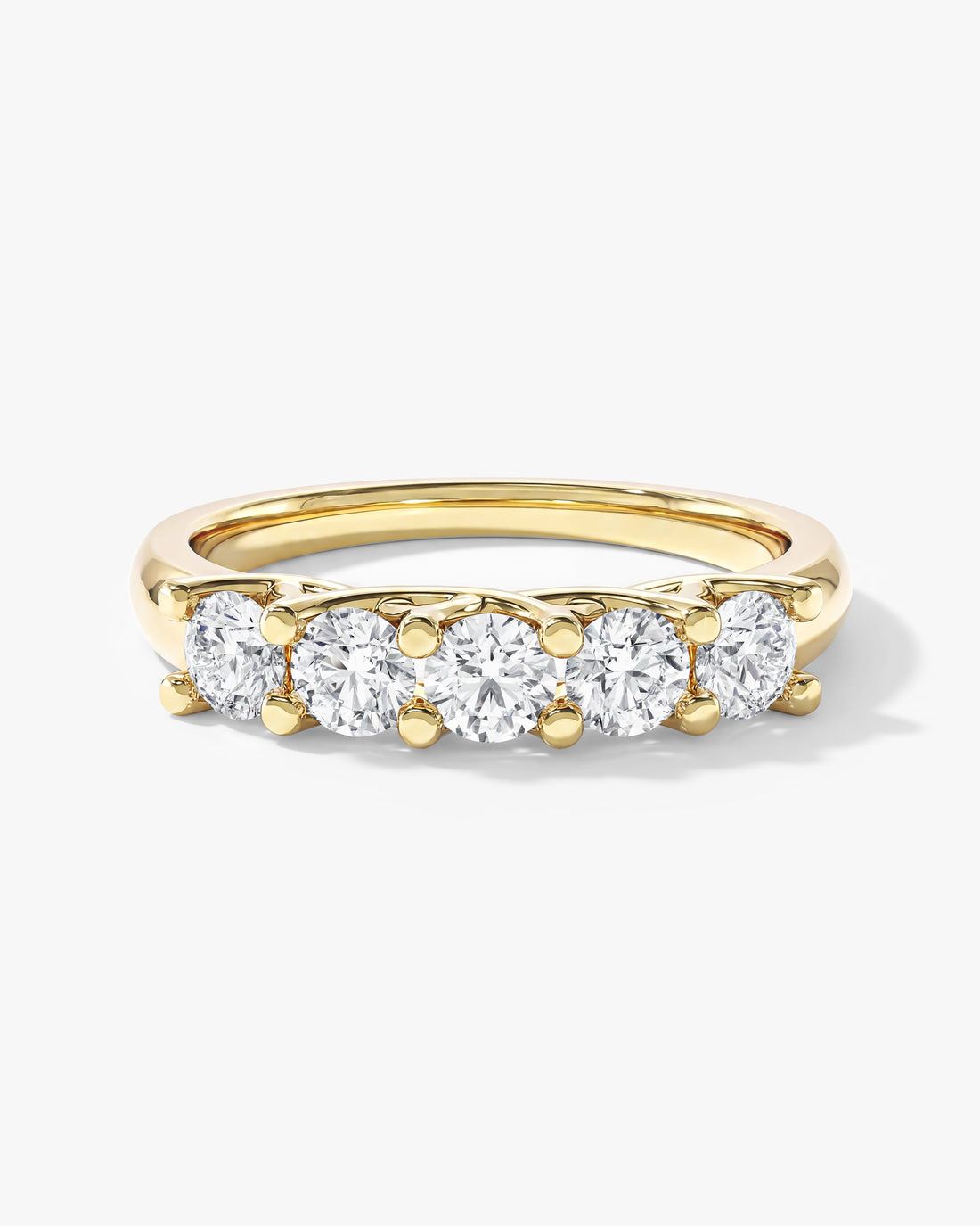 Round moissanite five stone trellis anniversary wedding band in yellow gold, front view