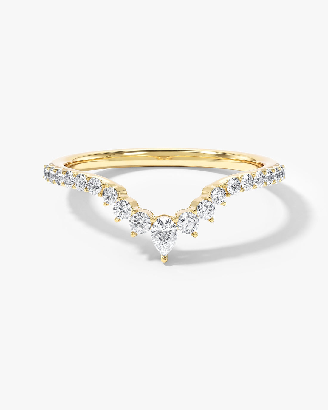 Tiara curved nesting wedding band with pear and round moissanite in yellow gold, front view