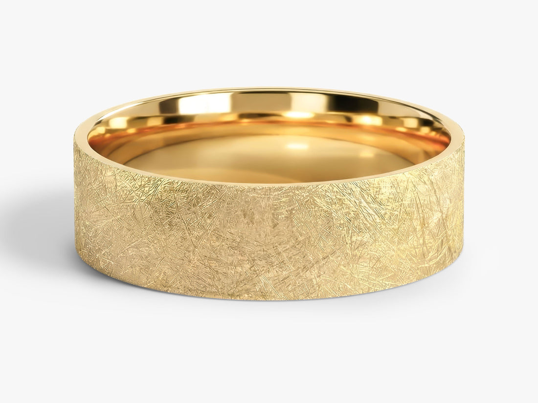 6mm flat ice matte wedding band in yellow gold, front view
