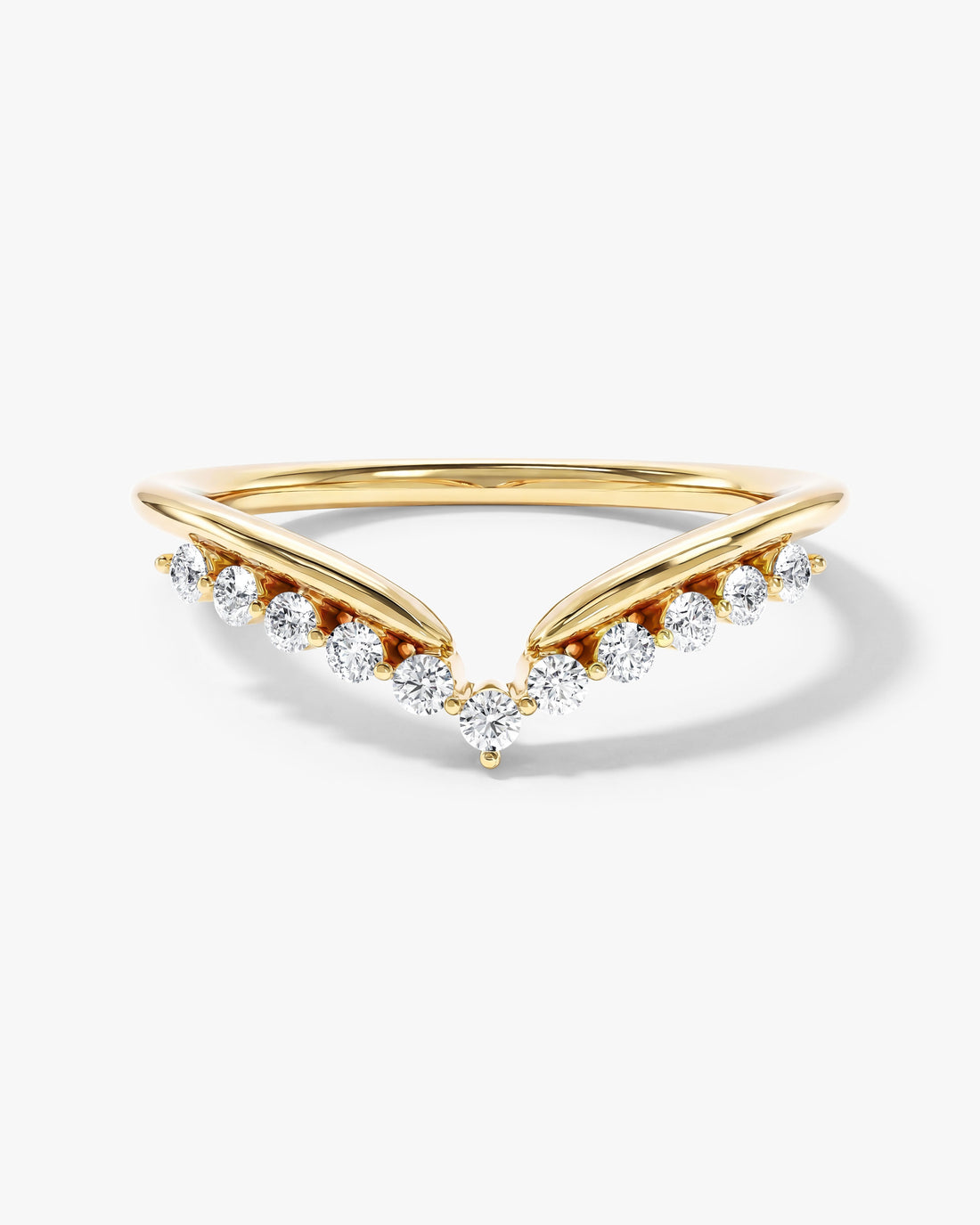 Stella chevron curved nesting wedding band with round moissanite in yellow gold, front view