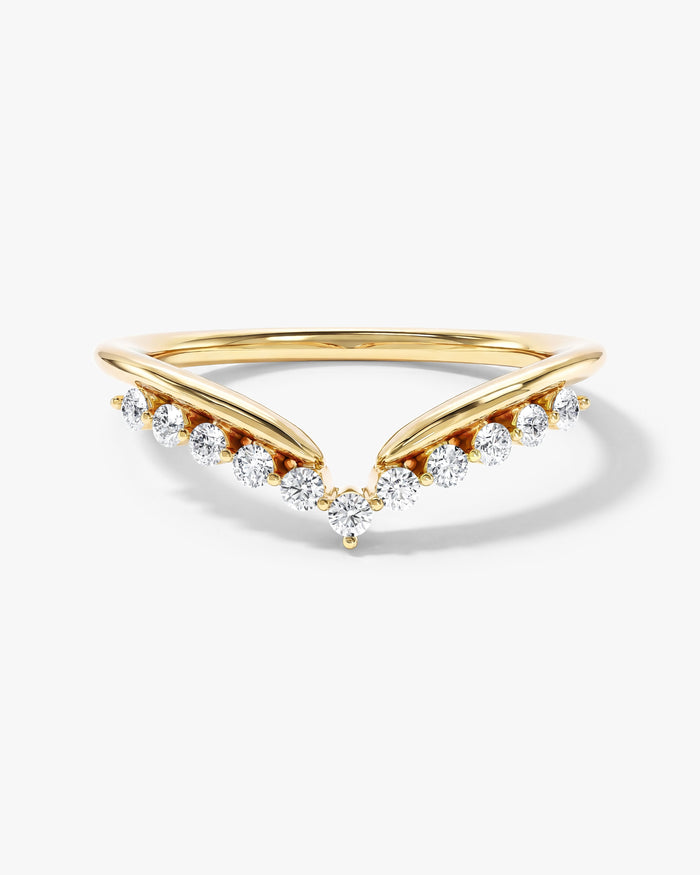 Stella chevron curved nesting wedding band with round moissanite in yellow gold, front view