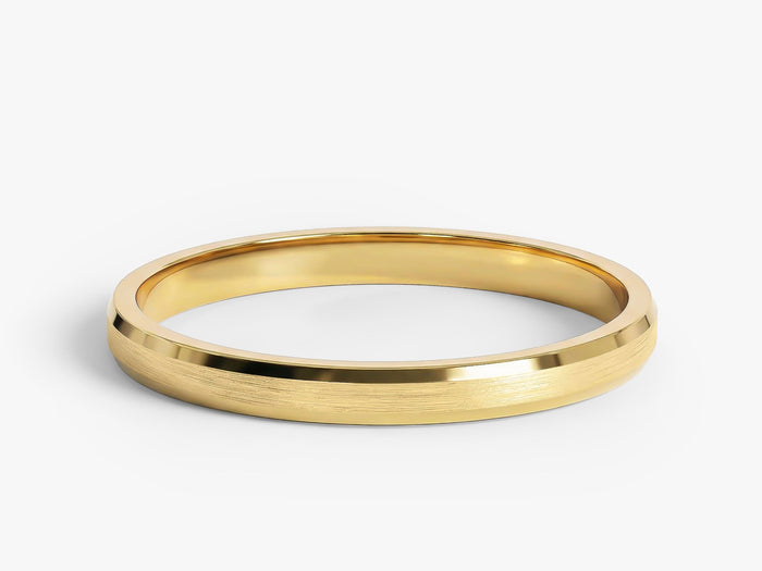 2mm beveled edge matte brushed wedding band in yellow gold