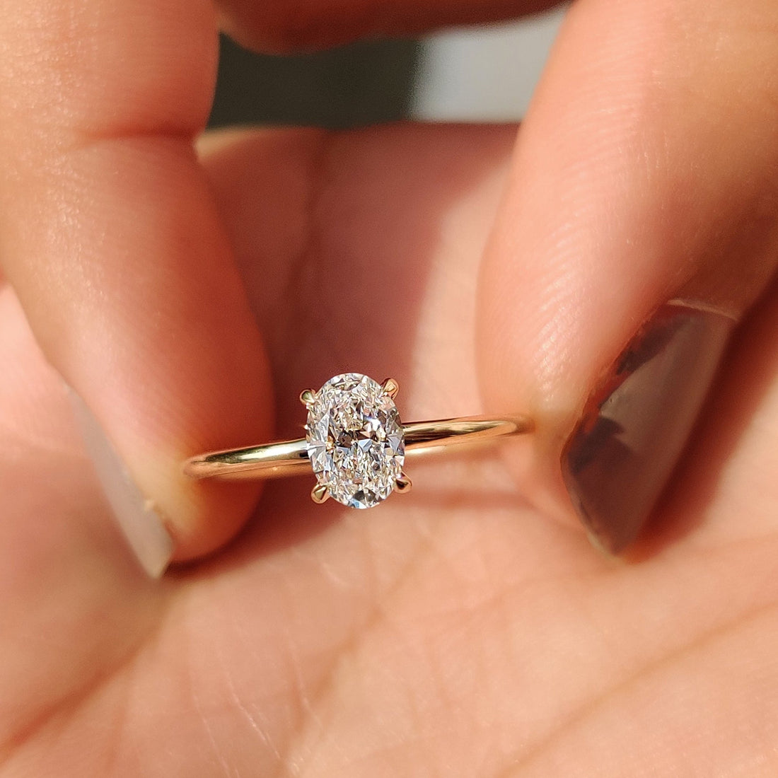Oval lab grown diamond solitaire viewed from above