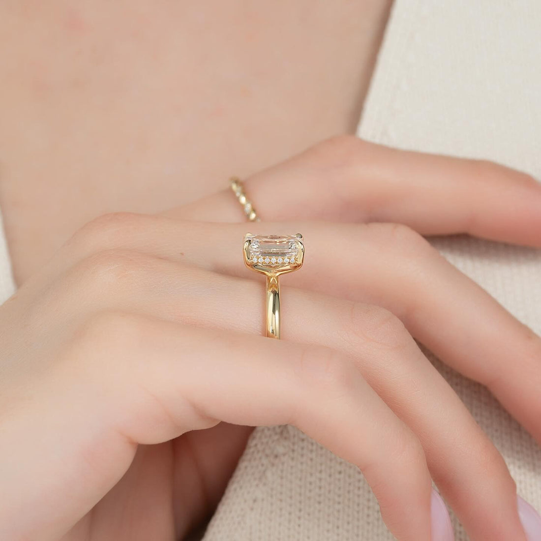 Emerald Cut Moissanite Solitaire Hidden Halo Ring in 14K Gold — Mapple Gems