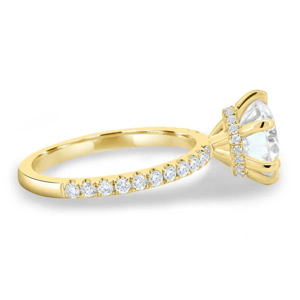 Round cut lab grown diamond six claw pave ring with hidden halo
