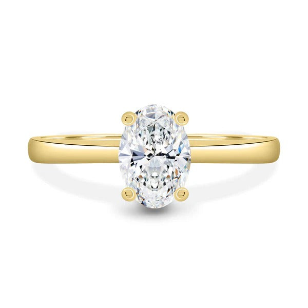 Oval cut lab grown diamond square claw solitaire ring with tapered band