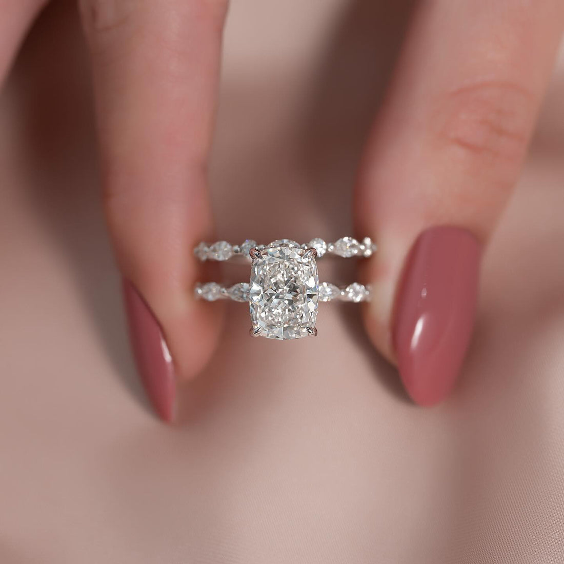 Elongated cushion cut moissanite hidden halo bridal set in white gold
