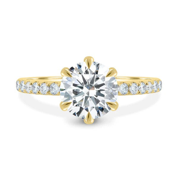 Round cut lab grown diamond six claw solitaire ring with pave band
