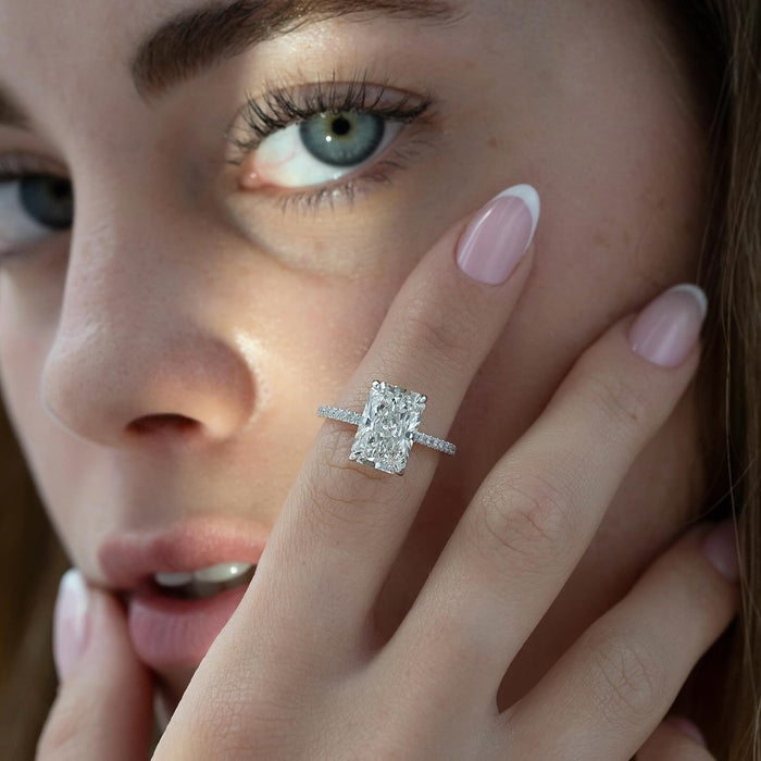 Radiant cut lab grown diamond ring shown from another angle