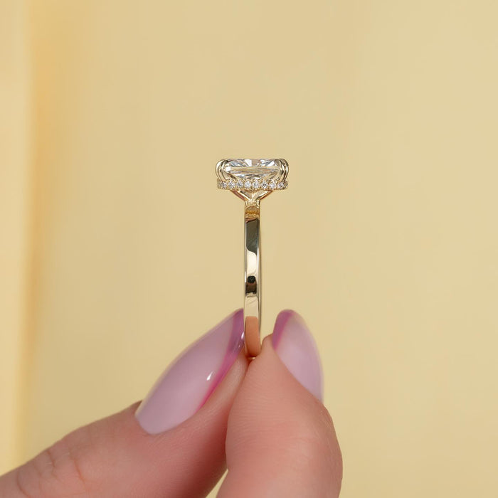 Elongated cushion cut lab grown diamond double claw ring showing the hidden halo in profile