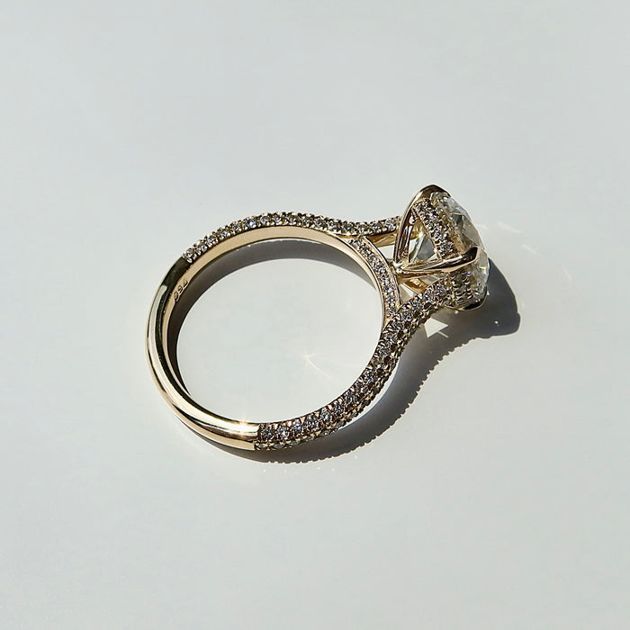 Pave set shank of a round diamond engagement ring seen from above