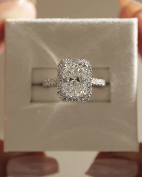 Radiant cut lab grown diamond micro pave halo ring