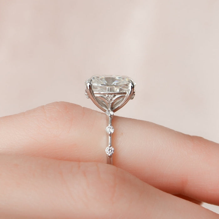 Cushion cut lab grown diamond Art Deco anniversary ring, angled view