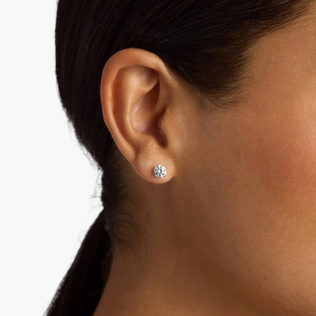 14K White Gold Round Cut Moissanite Stud Earrings | D Color VVS1 | Real Solid Gold Push Back