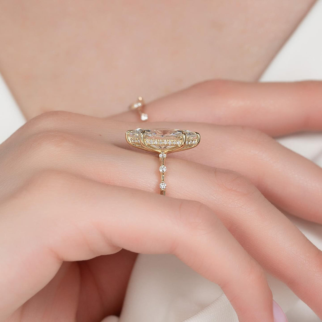 Marquise Cut Moissanite East-West Hidden Halo Station Ring in 14K Gold — Mapple Gems