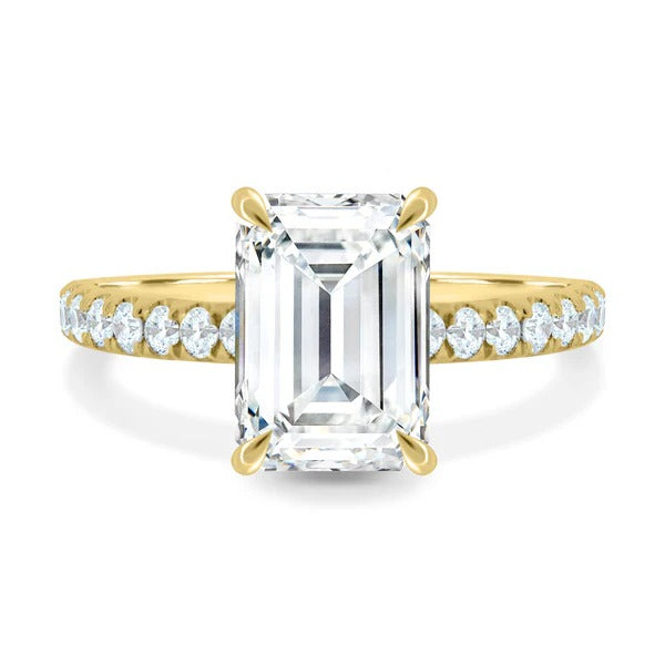 Emerald cut lab grown diamond hidden halo ring with pave band