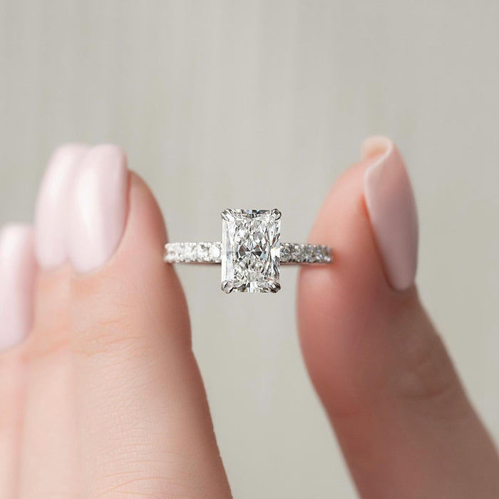Radiant cut lab grown diamond ring in white gold on a full width pave shank