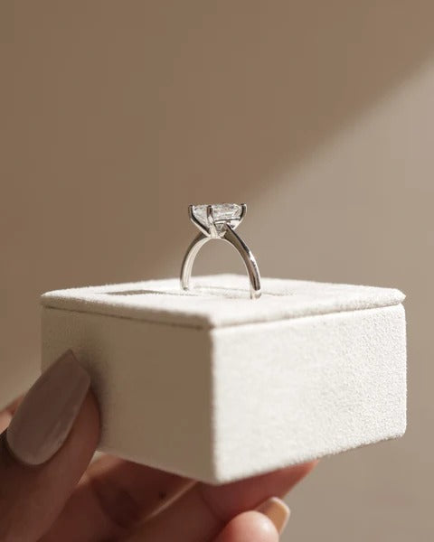 Emerald cut lab grown diamond solitaire ring side profile