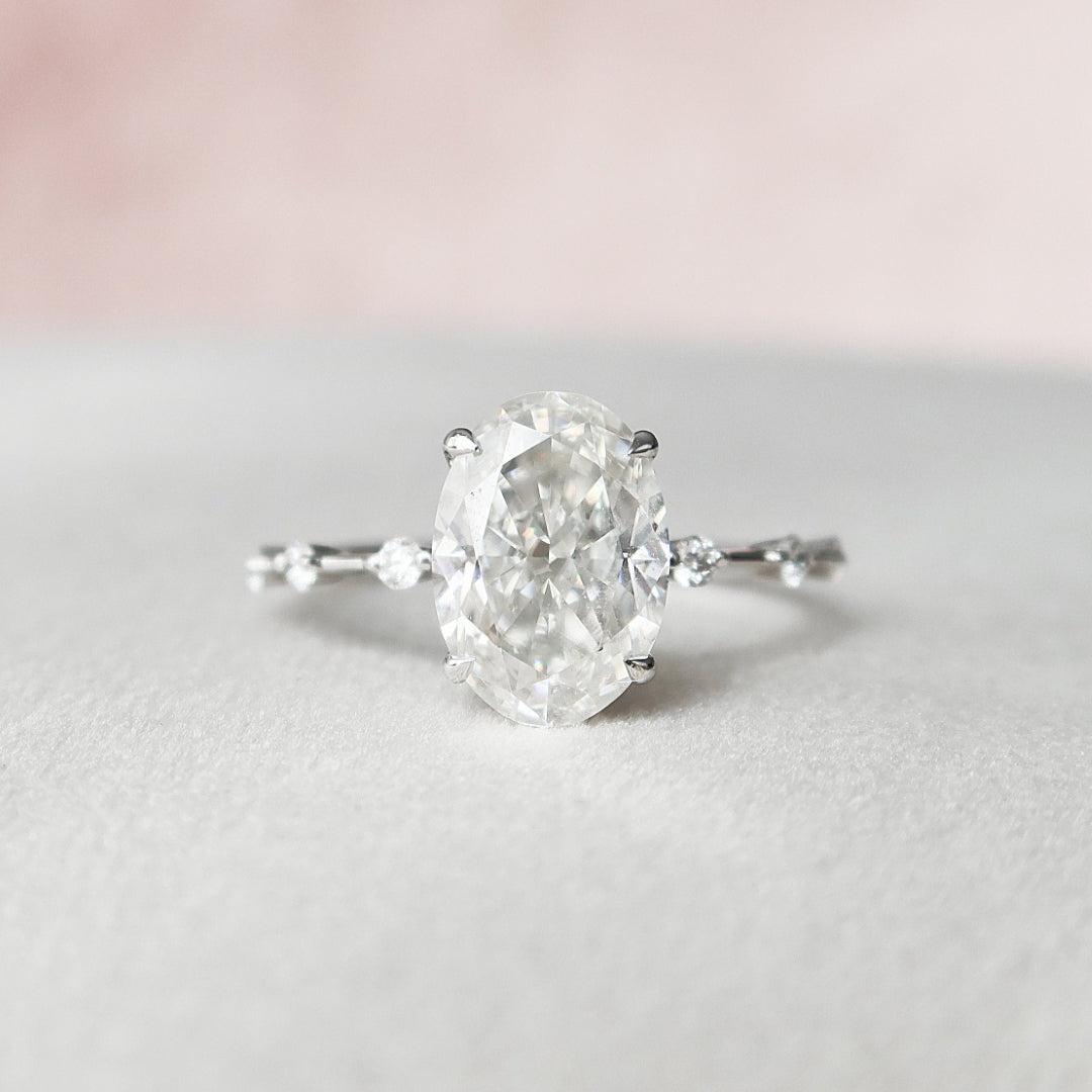 Minimalist oval lab grown diamond wedding ring, front view