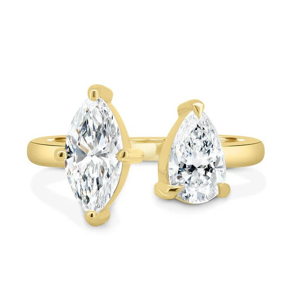 Marquise and pear cut lab grown diamond toi et moi ring on an open band