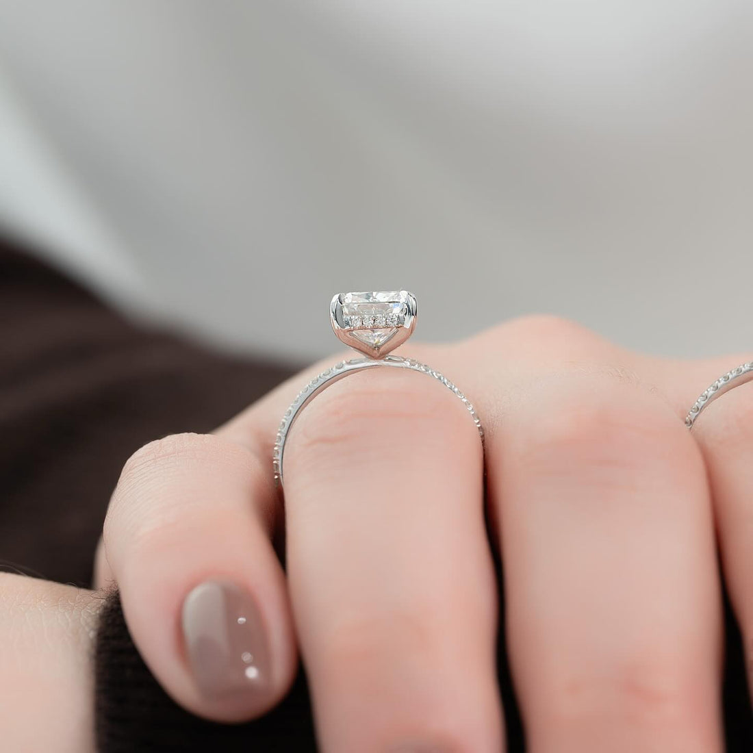 Elongated cushion moissanite hidden halo ring profile in white gold