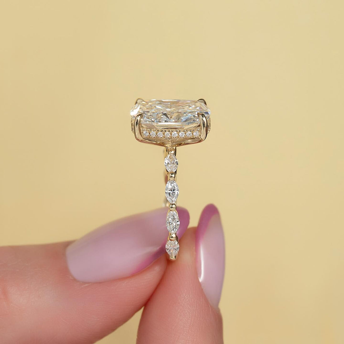 Elongated Cushion Moissanite Hidden Halo Marquise Accent Ring in 14K Gold — Mapple Gems