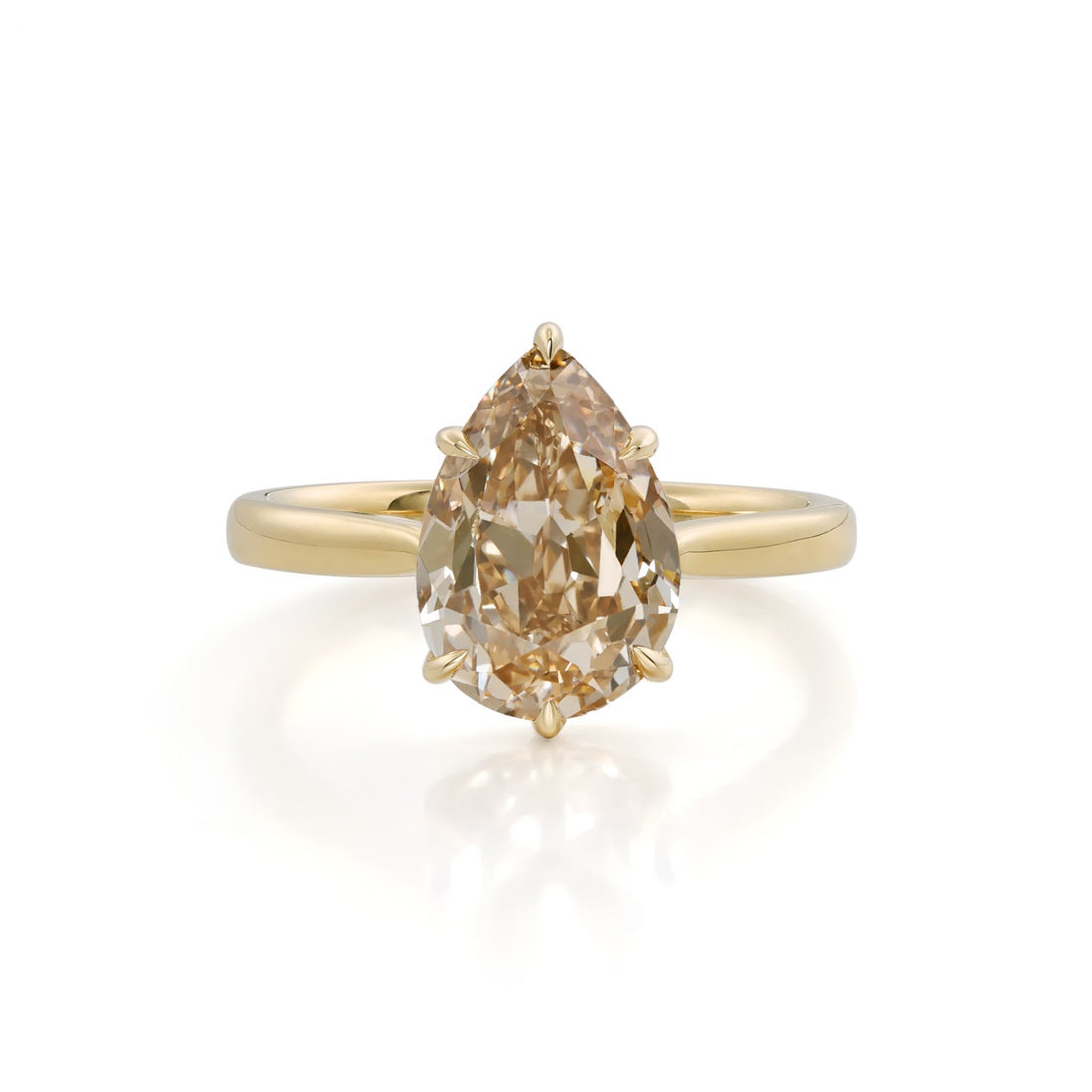 Pear shaped old mine cut champagne lab grown diamond ring in 14K yellow gold