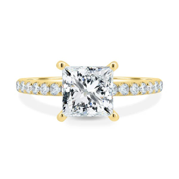 Princess cut lab grown diamond four claw ring with pave band
