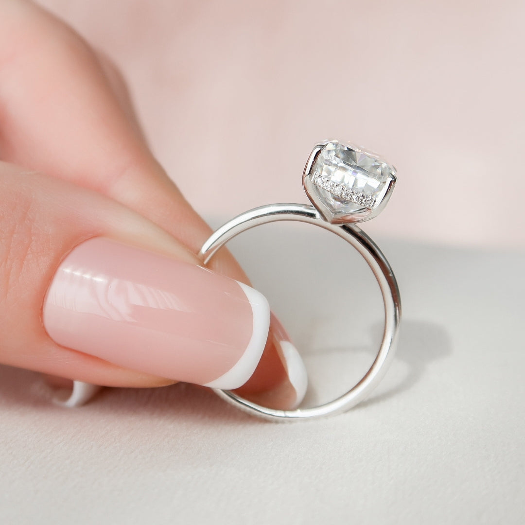 Handmade cushion cut lab grown diamond anniversary ring, front view