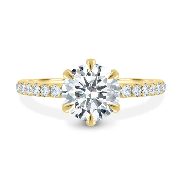 Round cut lab grown diamond six claw hidden halo ring with shared claw pave