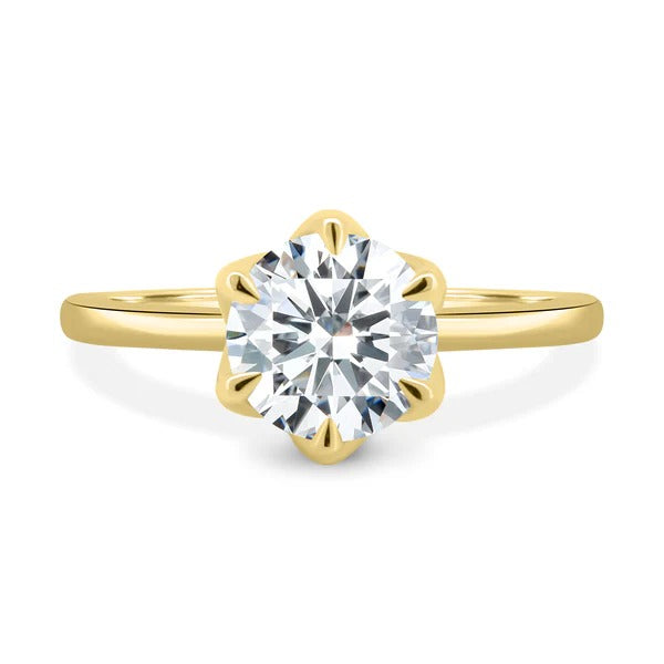 Round cut lab grown diamond six petal claw solitaire ring